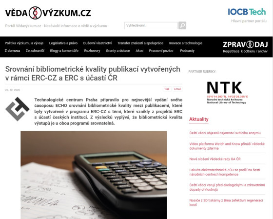 Comparison of bibliometric quality of publications created within ERC-CZ and ERC with the participation of the Czech Republic