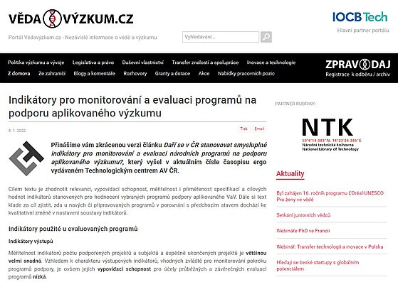 Indikátory pro monitorování a evaluaci programů na podporu aplikovaného výzkumu