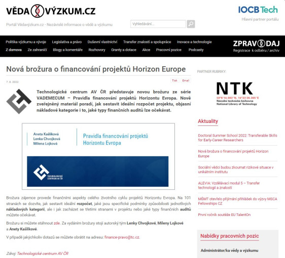 Nová brožura o financování projektů Horizon Europe